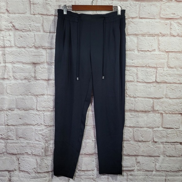 Zara Navy Blue High Rise Crepe Straight Leg Drawstring Pants - Picture 1 of 12